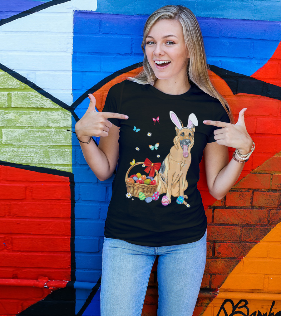 German Shepherd Bunny Ears Rabbit Easter Eggs Basket Butterflies T-Shirt