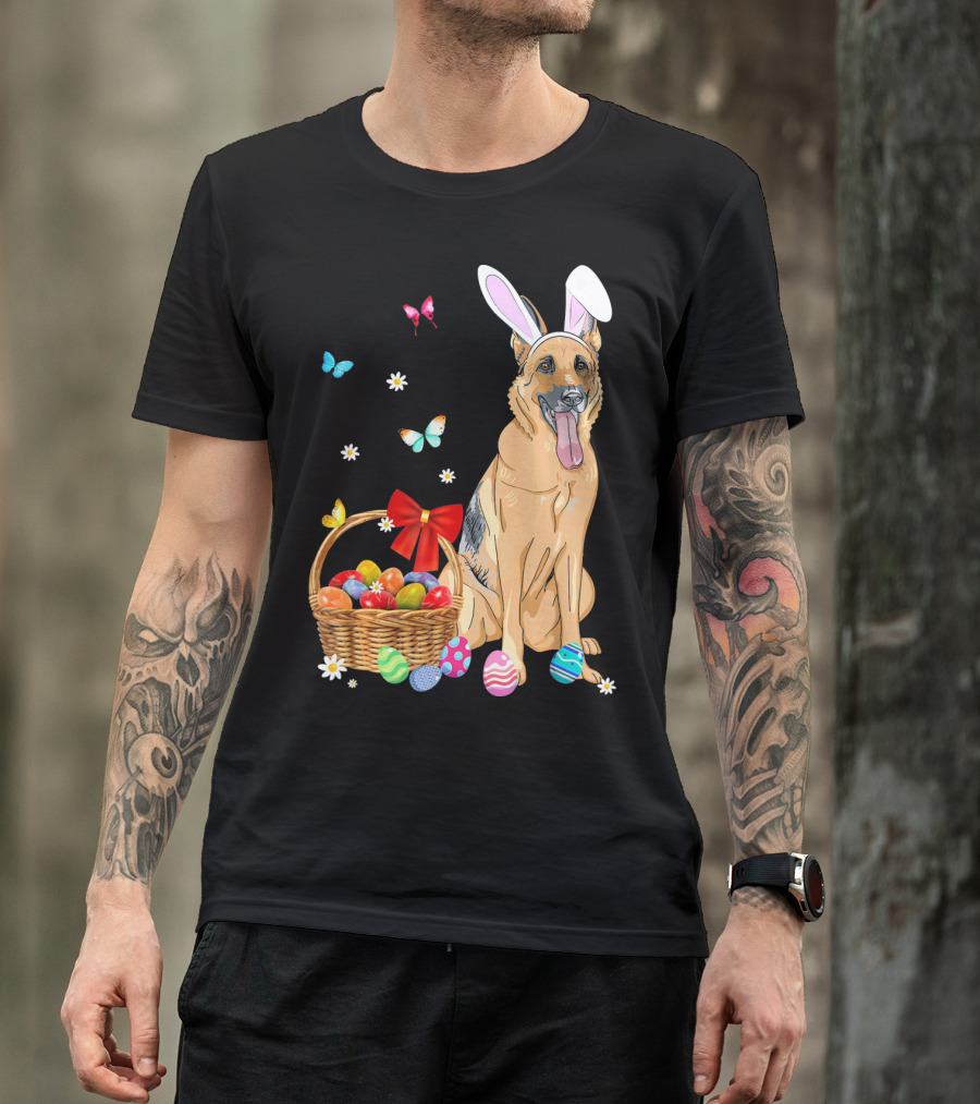 German Shepherd Bunny Ears Rabbit Easter Eggs Basket Butterflies T-Shirt