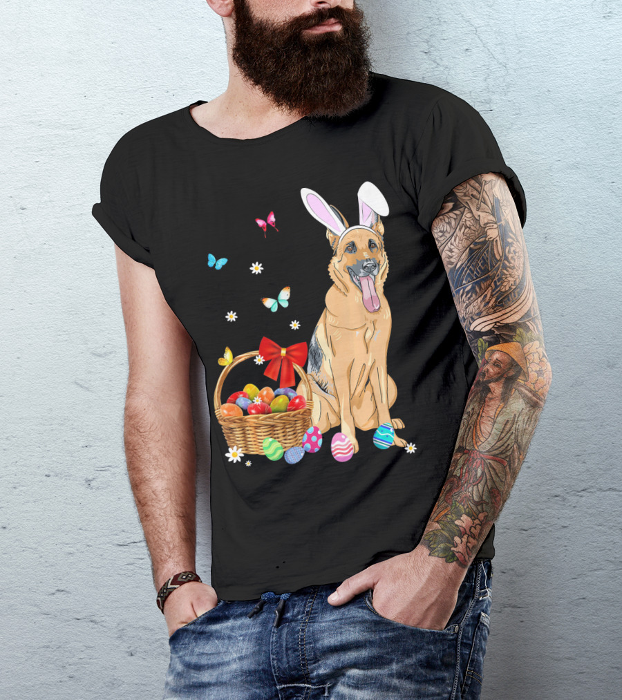 German Shepherd Bunny Ears Rabbit Easter Eggs Basket Butterflies T-Shirt