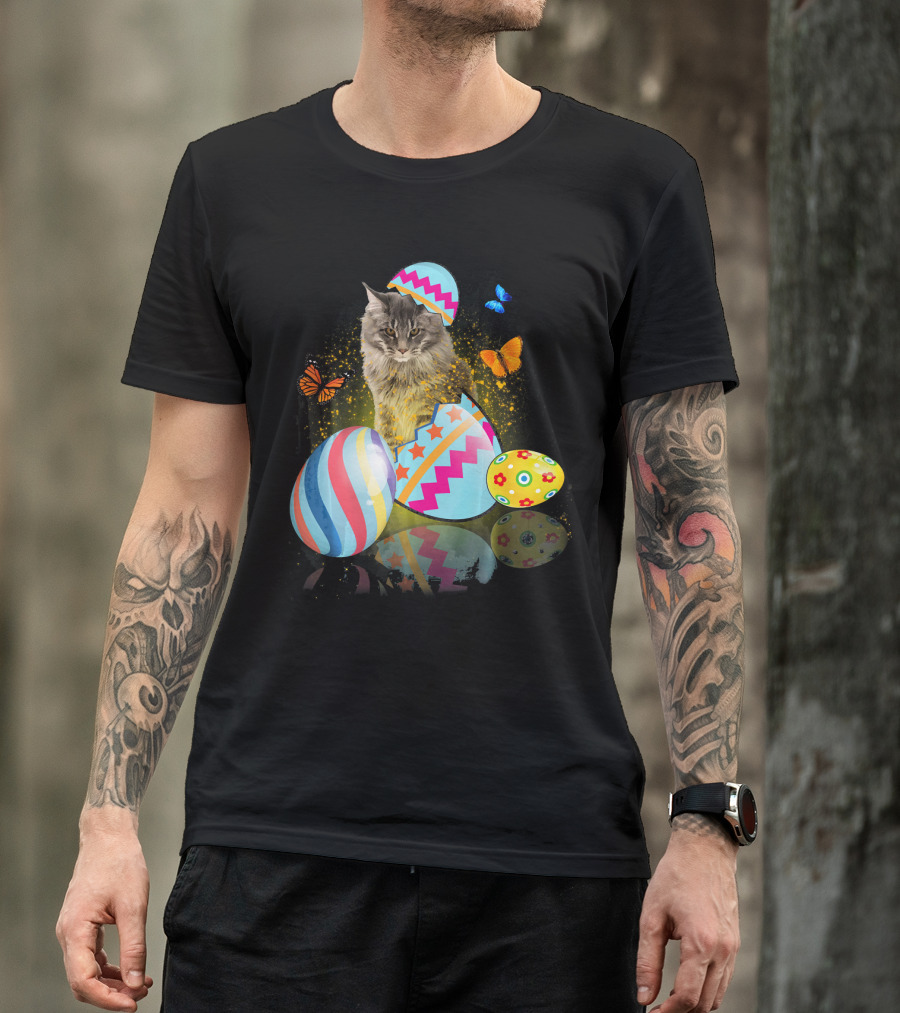 Funny Cat With Colorful Easter Eggs And Butterflies For Cat Lovers T-Shirt