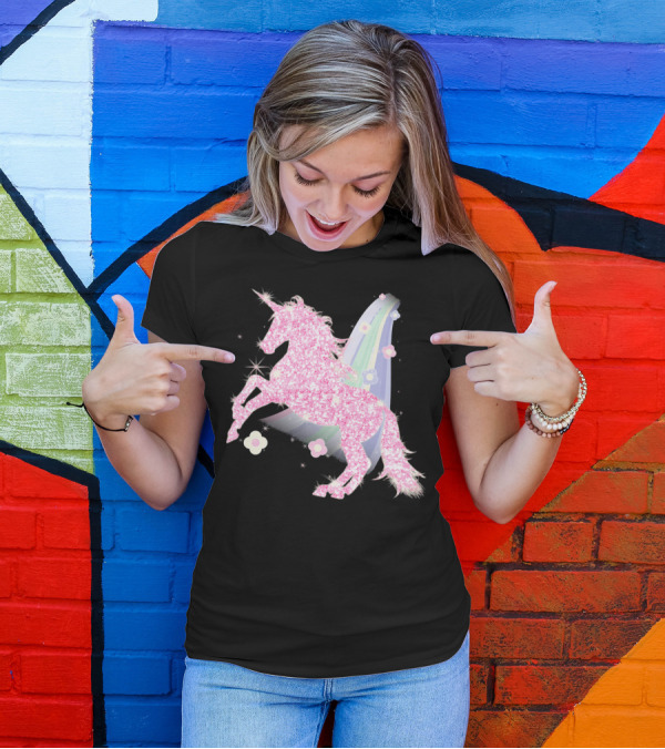 Pink Sparkle Unicorn With Easter Flowers And Rainbow Mane T-Shirt