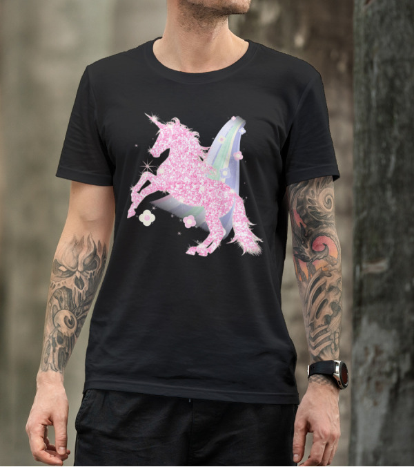 Pink Sparkle Unicorn With Easter Flowers And Rainbow Mane T-Shirt