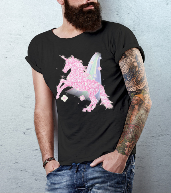 Pink Sparkle Unicorn With Easter Flowers And Rainbow Mane T-Shirt