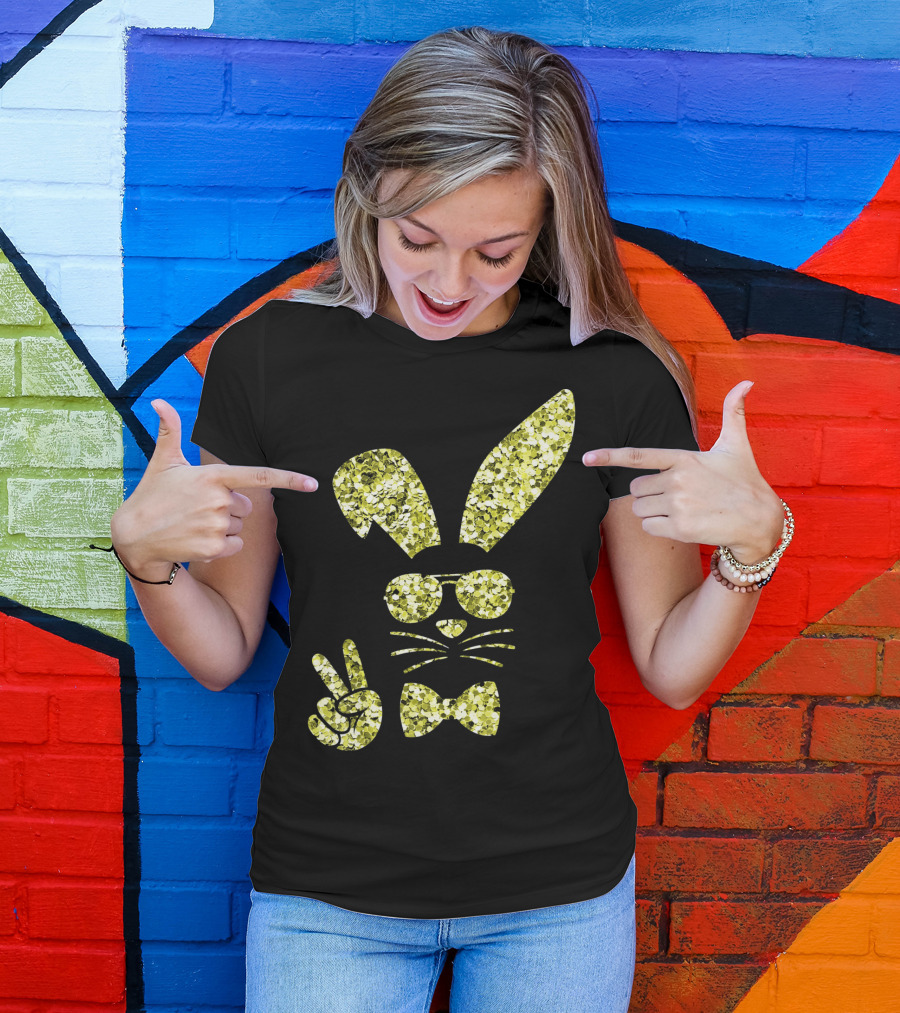 Easter Bunny Girls Cute Gold Glitter Bunny With Sunglasses And Bow Tie T-Shirt