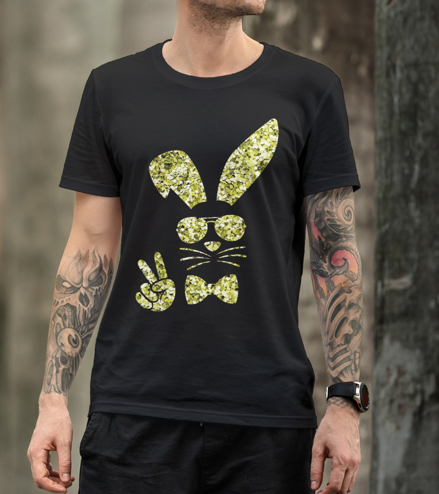 Easter Bunny Girls Cute Gold Glitter Bunny With Sunglasses And Bow Tie T-Shirt