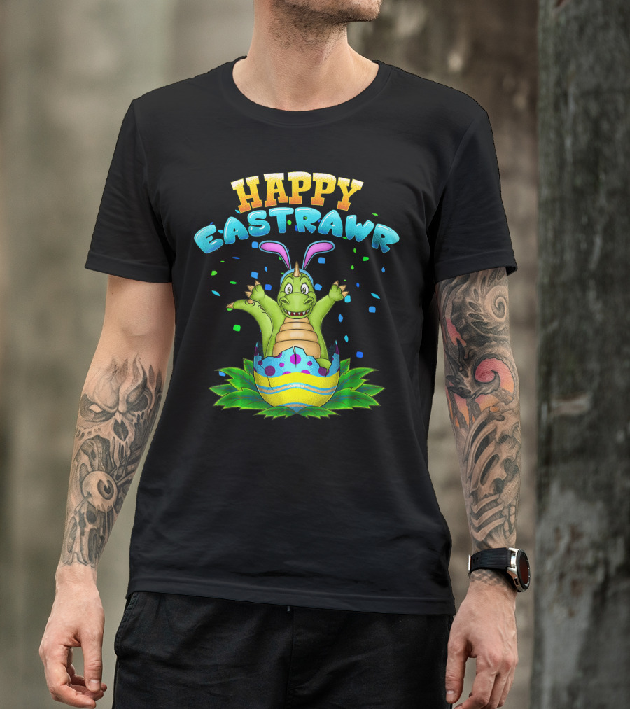 Happy Eastrawr Dinosaur In Easter Egg With Bunny Ears And Confetti T-Shirt