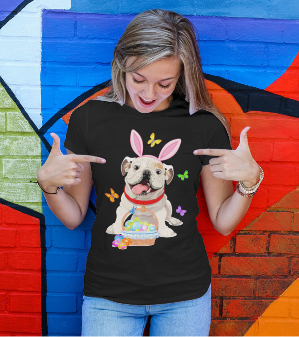English Bulldog With Bunny Ears And Easter Egg Basket With Butterflies T-Shirt