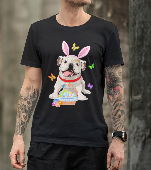 English Bulldog With Bunny Ears And Easter Egg Basket With Butterflies T-Shirt