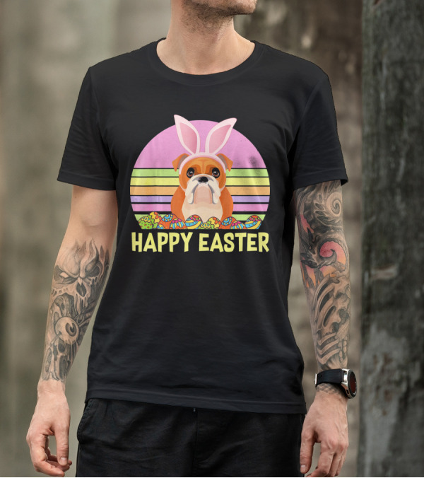 Happy Easter Day British Bulldog Bunny Ears Rainbow Eggs Retro T-Shirt