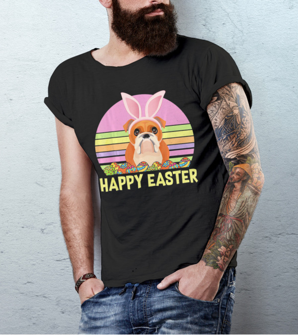 Happy Easter Day British Bulldog Bunny Ears Rainbow Eggs Retro T-Shirt