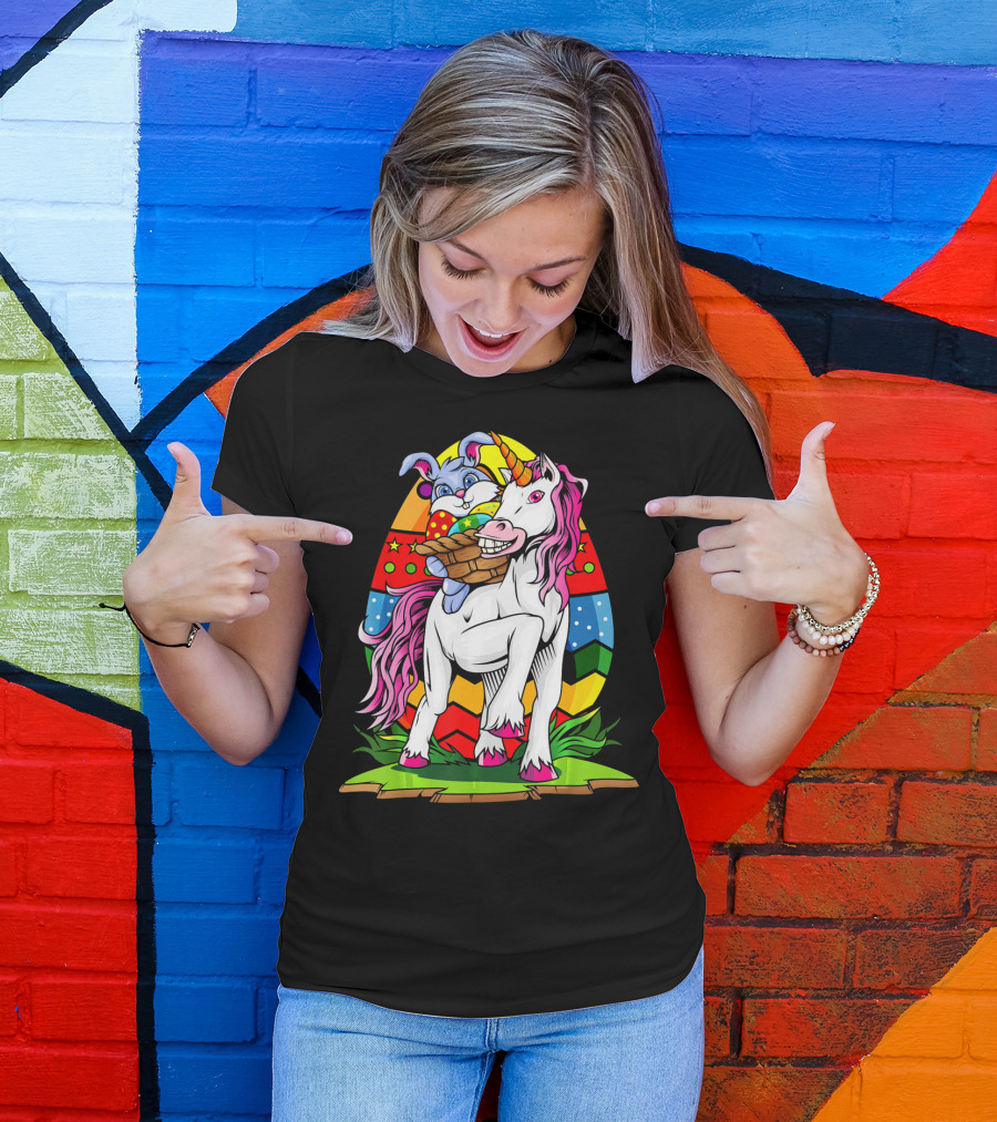 Funny Colorful Easter Bunny Riding Unicorn With Eggs T-Shirt