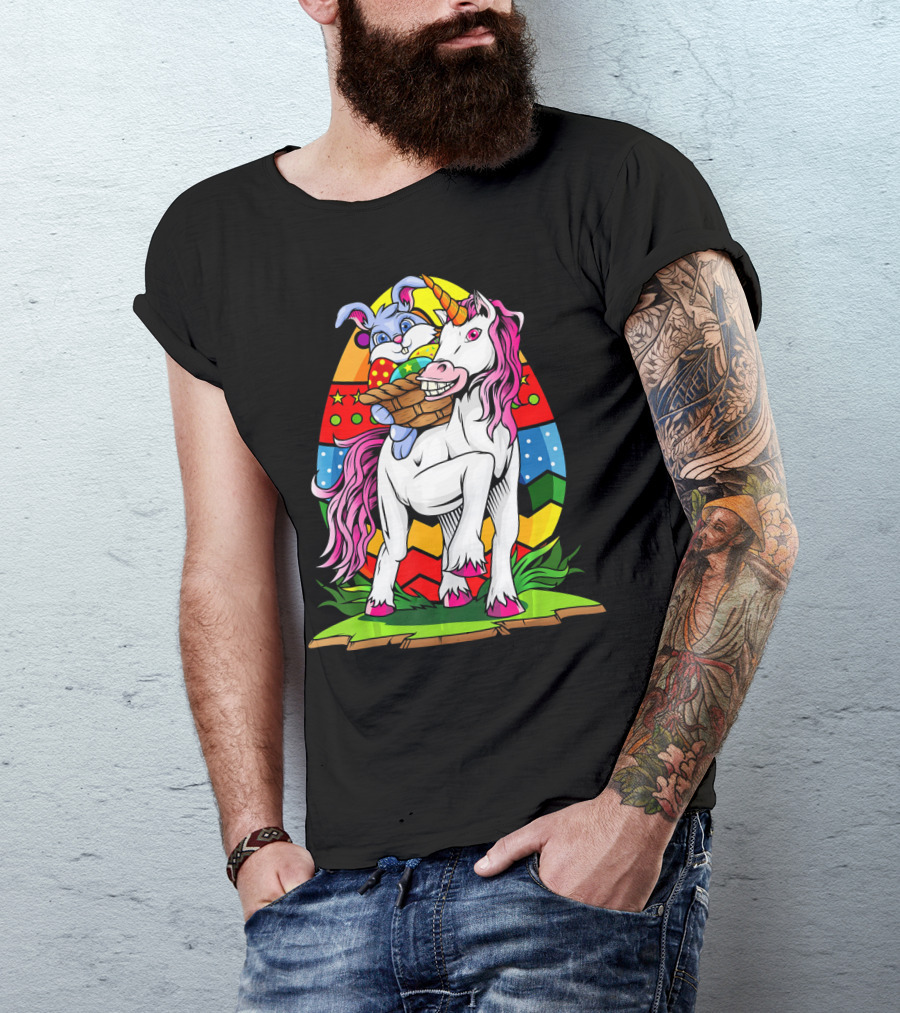 Funny Colorful Easter Bunny Riding Unicorn With Eggs T-Shirt