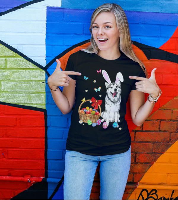 Siberian Husky Bunny Ears Easter Basket Eggs Butterflies T-Shirt