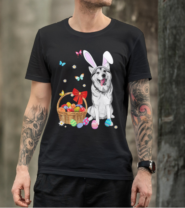 Siberian Husky Bunny Ears Easter Basket Eggs Butterflies T-Shirt