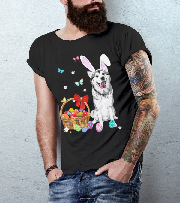 Siberian Husky Bunny Ears Easter Basket Eggs Butterflies T-Shirt