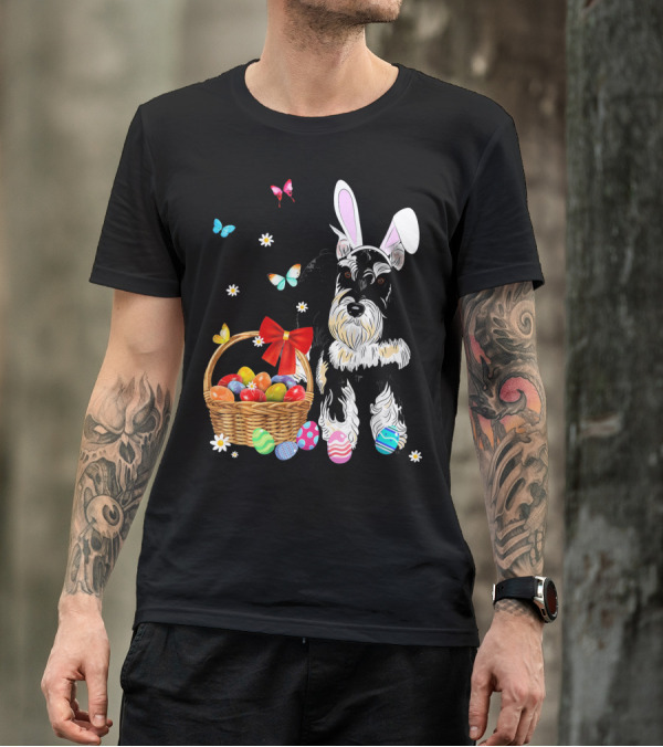 Miniature Schnauzer Bunny Ear With Easter Egg Basket And Butterflies T-Shirt