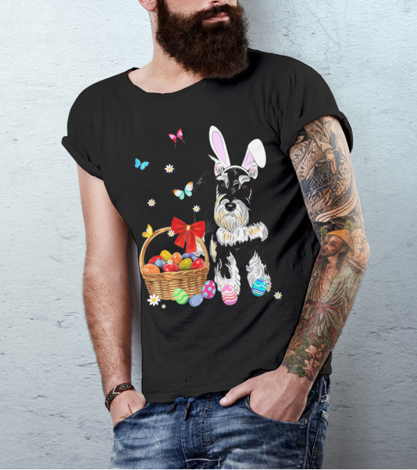Miniature Schnauzer Bunny Ear With Easter Egg Basket And Butterflies T-Shirt