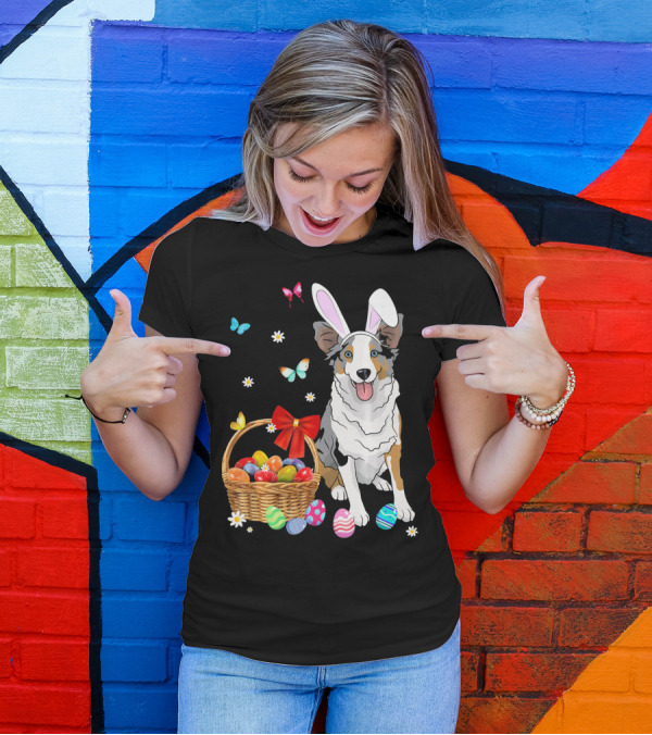 Australian Shepherd Bunny Ear Butterflies Basket Easter Egg Flowers T-Shirt