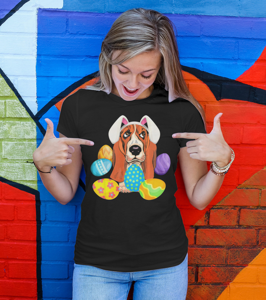 Basset Hound Bunny Rabbit Hat Easter Eggs Playful Scene T-Shirt