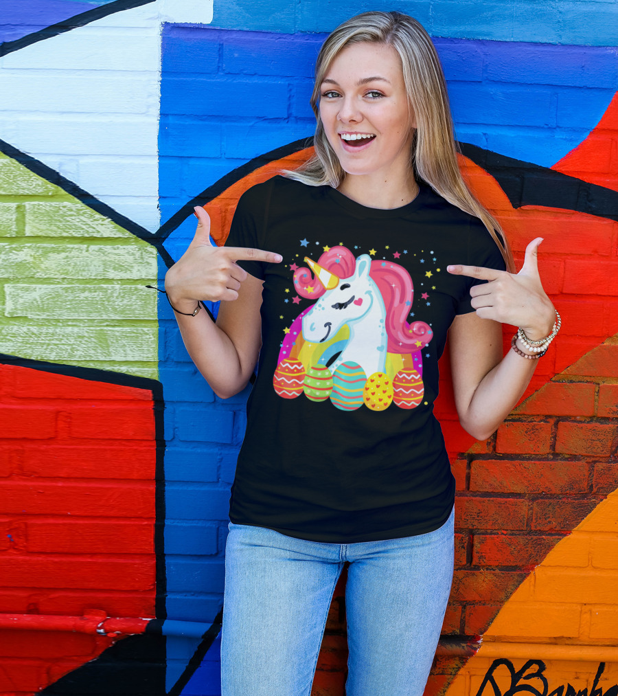 Unicorn With Rainbow Mane And Colorful Easter Eggs T-Shirt