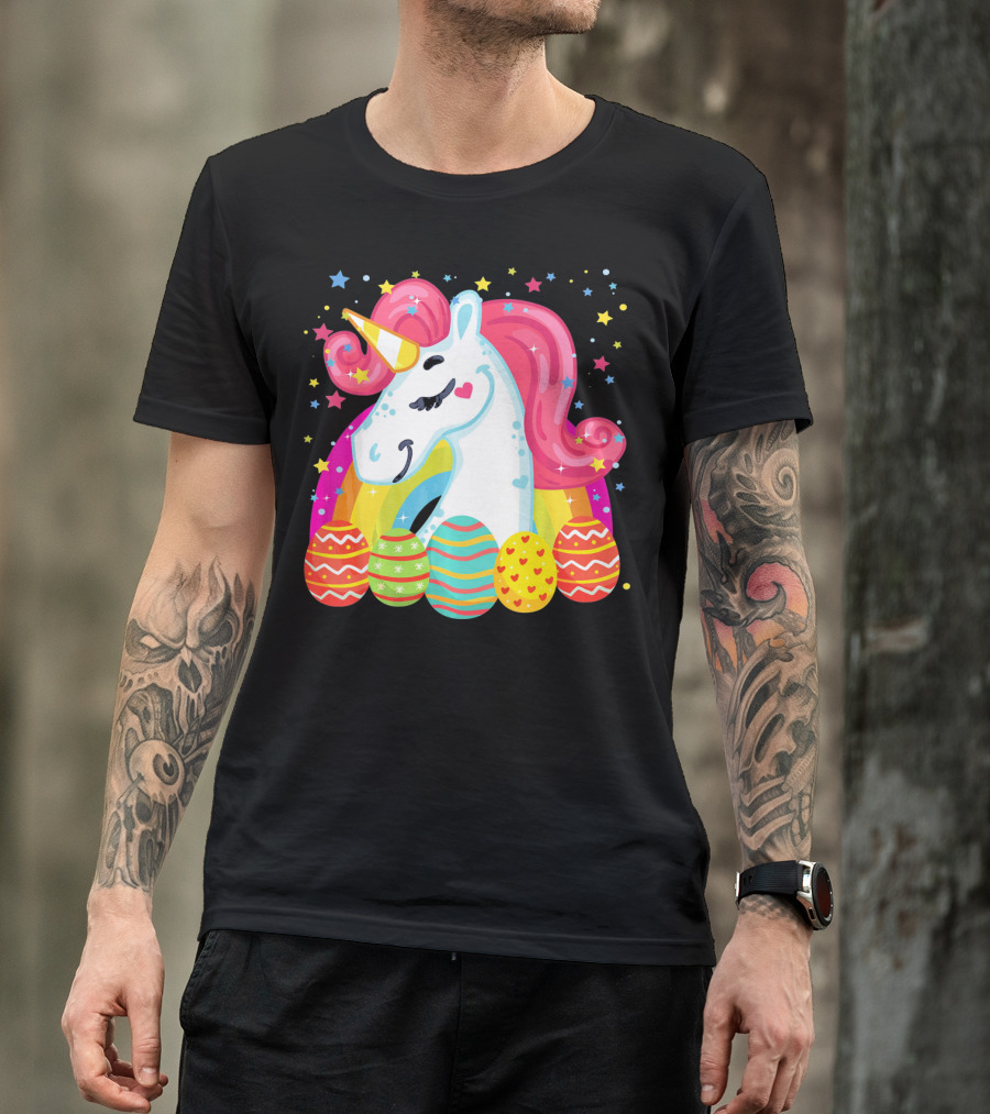 Unicorn With Rainbow Mane And Colorful Easter Eggs T-Shirt