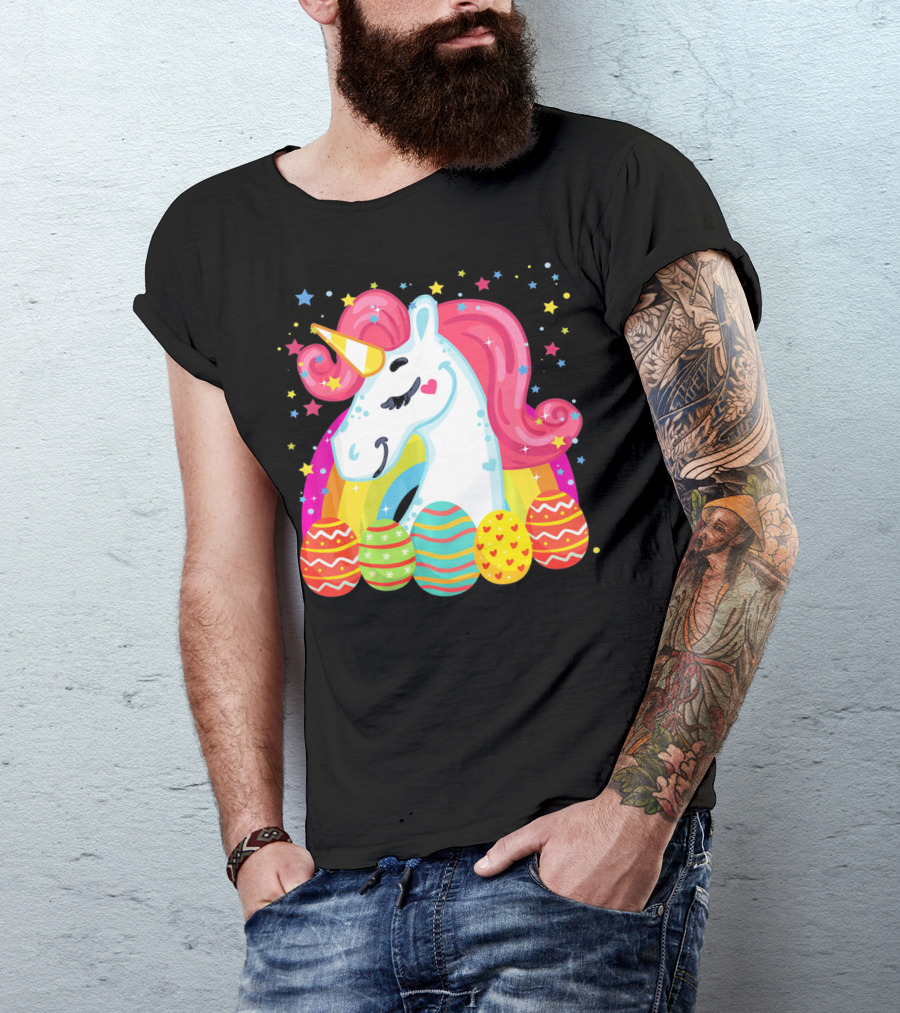 Unicorn With Rainbow Mane And Colorful Easter Eggs T-Shirt