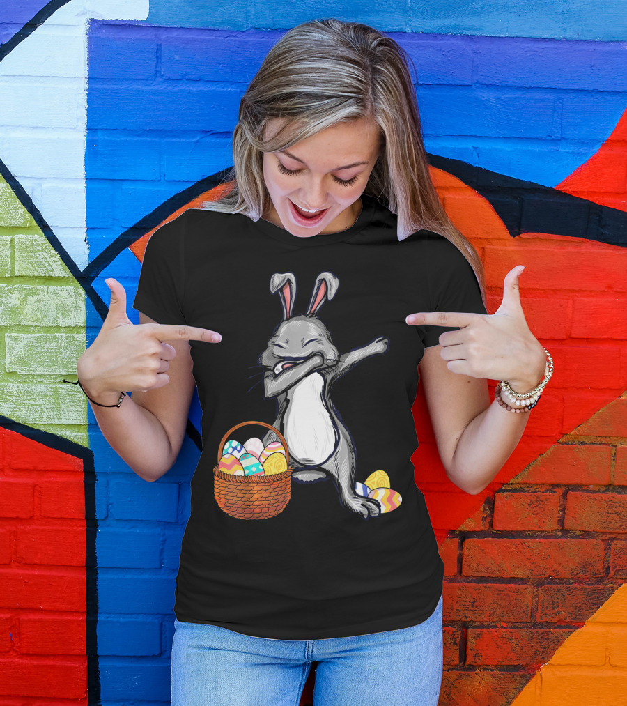 Dabbing Easter Bunny With Colorful Egg Basket T-Shirt