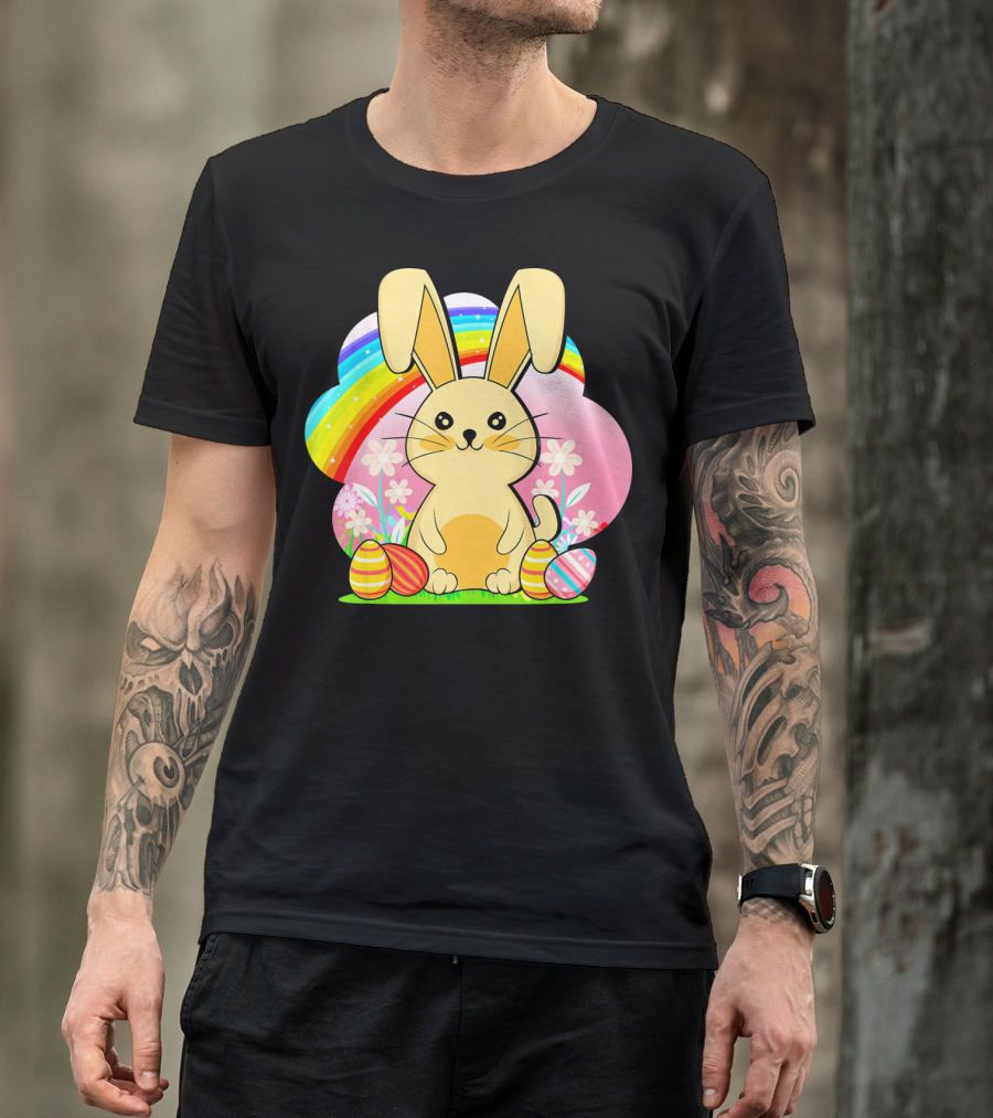 Easter Egg Bunny With Rainbow And Flowers T-Shirt