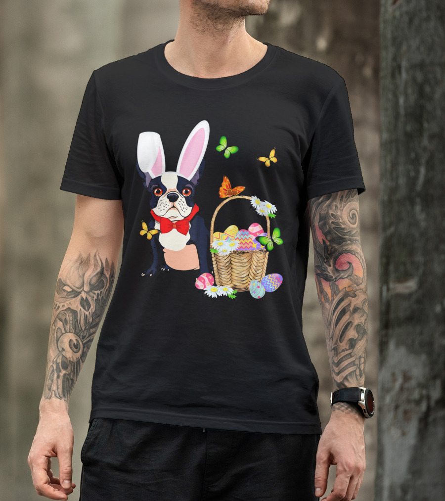 French Bulldog Bunny Hat Rabbit Easter Basket Eggs Butterflies T-Shirt