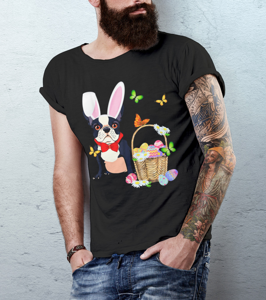 French Bulldog Bunny Hat Rabbit Easter Basket Eggs Butterflies T-Shirt