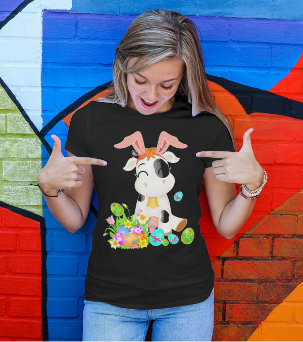 Happy Cow Easter Bunny With Colorful Eggs And Flowers T-Shirt