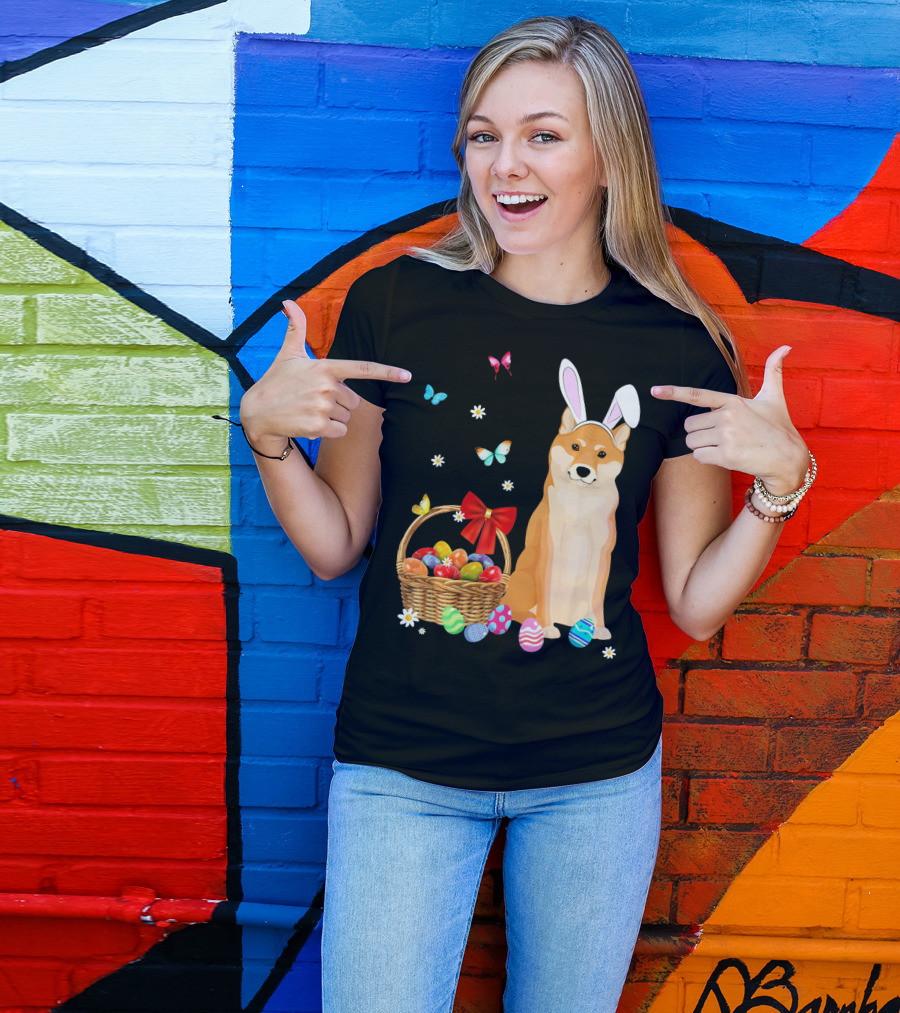 Shiba Inu Bunny Ear Rabbit Easter Eggs Basket Butterflies Flowers T-Shirt