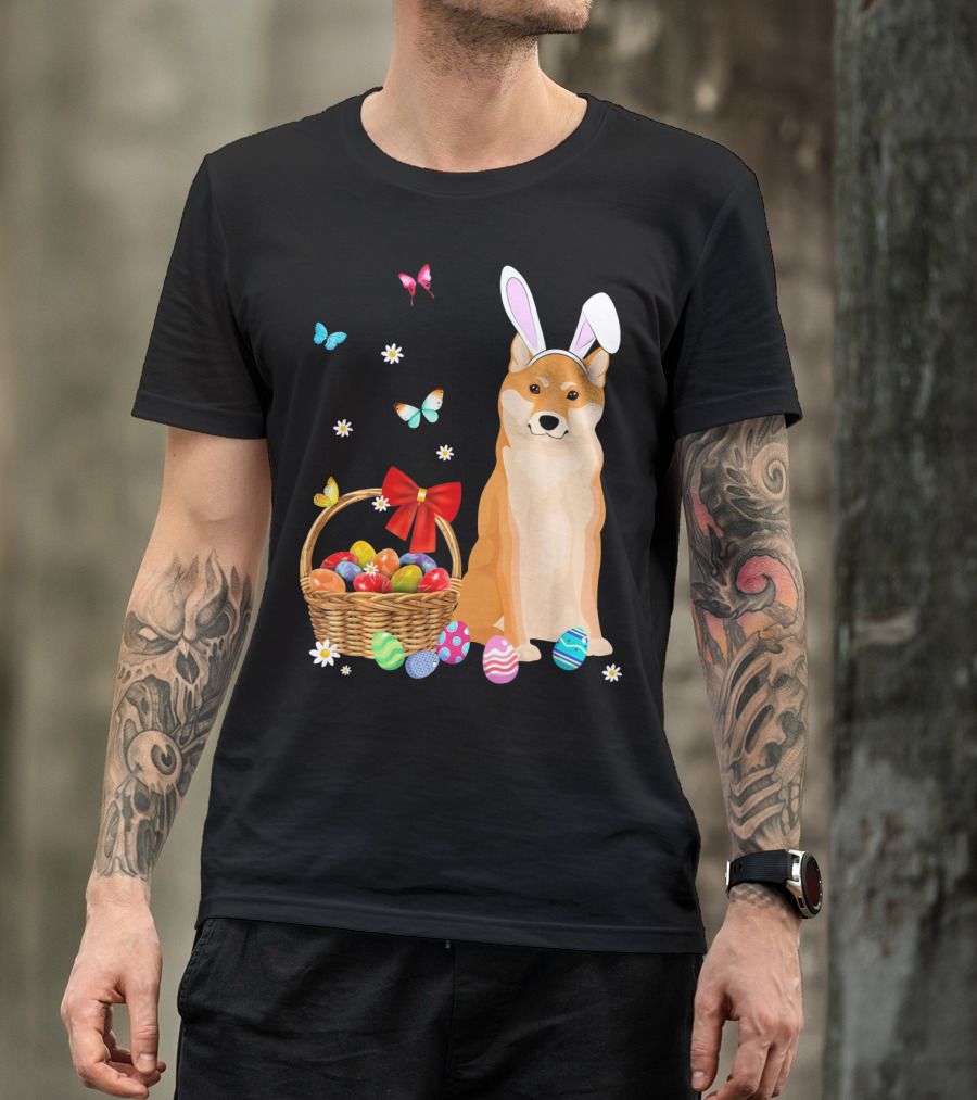 Shiba Inu Bunny Ear Rabbit Easter Eggs Basket Butterflies Flowers T-Shirt