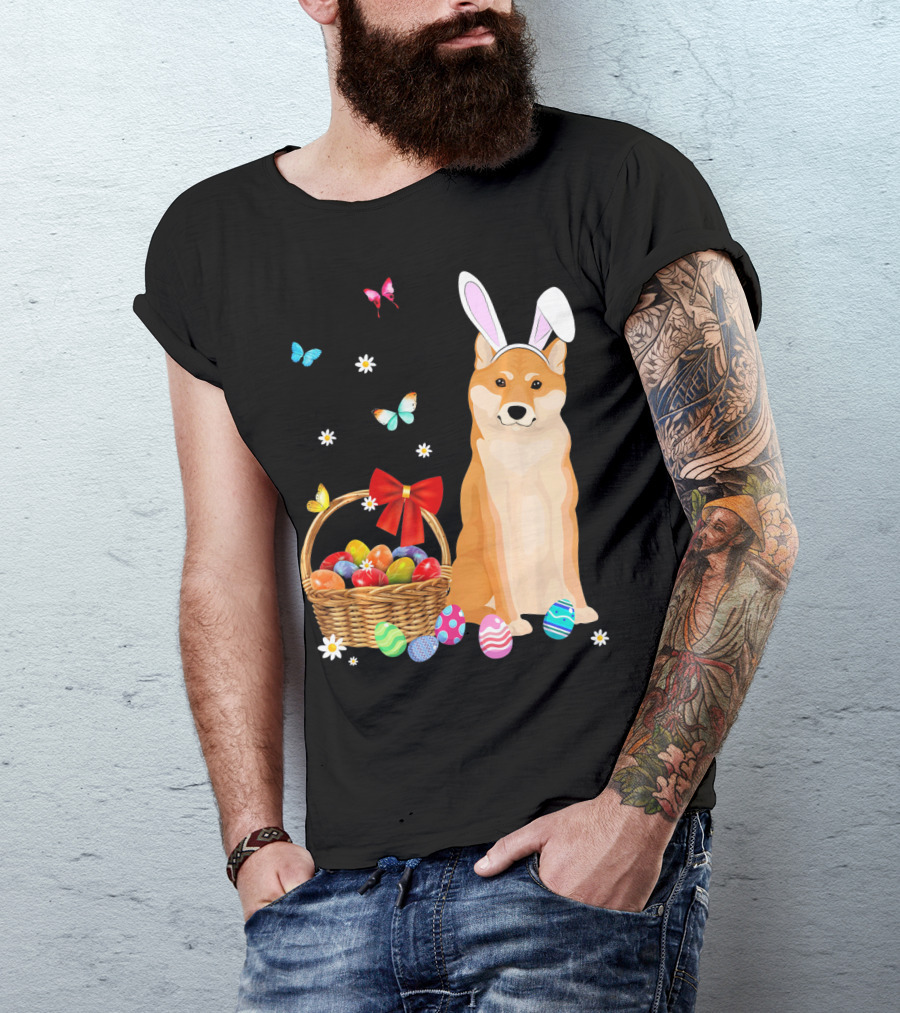 Shiba Inu Bunny Ear Rabbit Easter Eggs Basket Butterflies Flowers T-Shirt