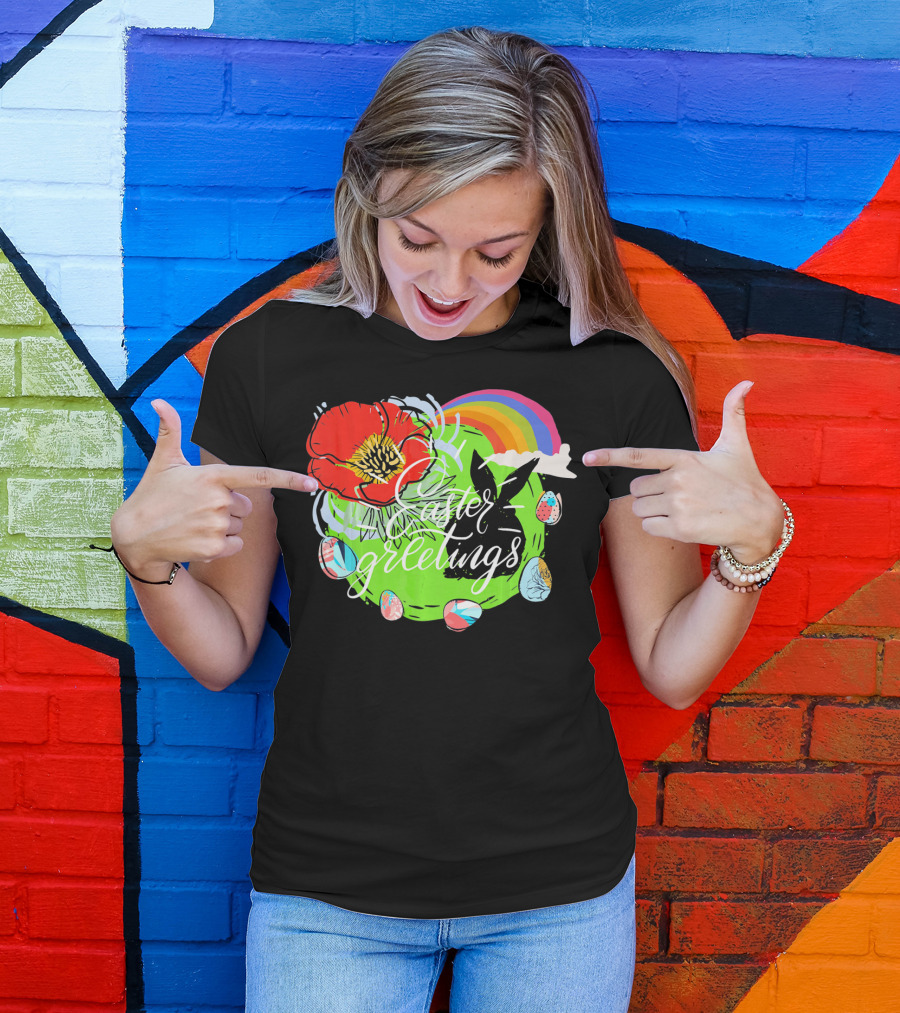 Easter Greetings Rainbow Bunny Eggs Poppy T-Shirt