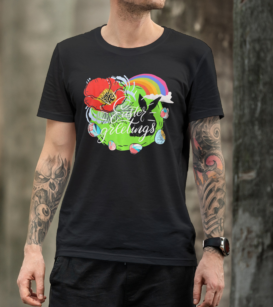 Easter Greetings Rainbow Bunny Eggs Poppy T-Shirt
