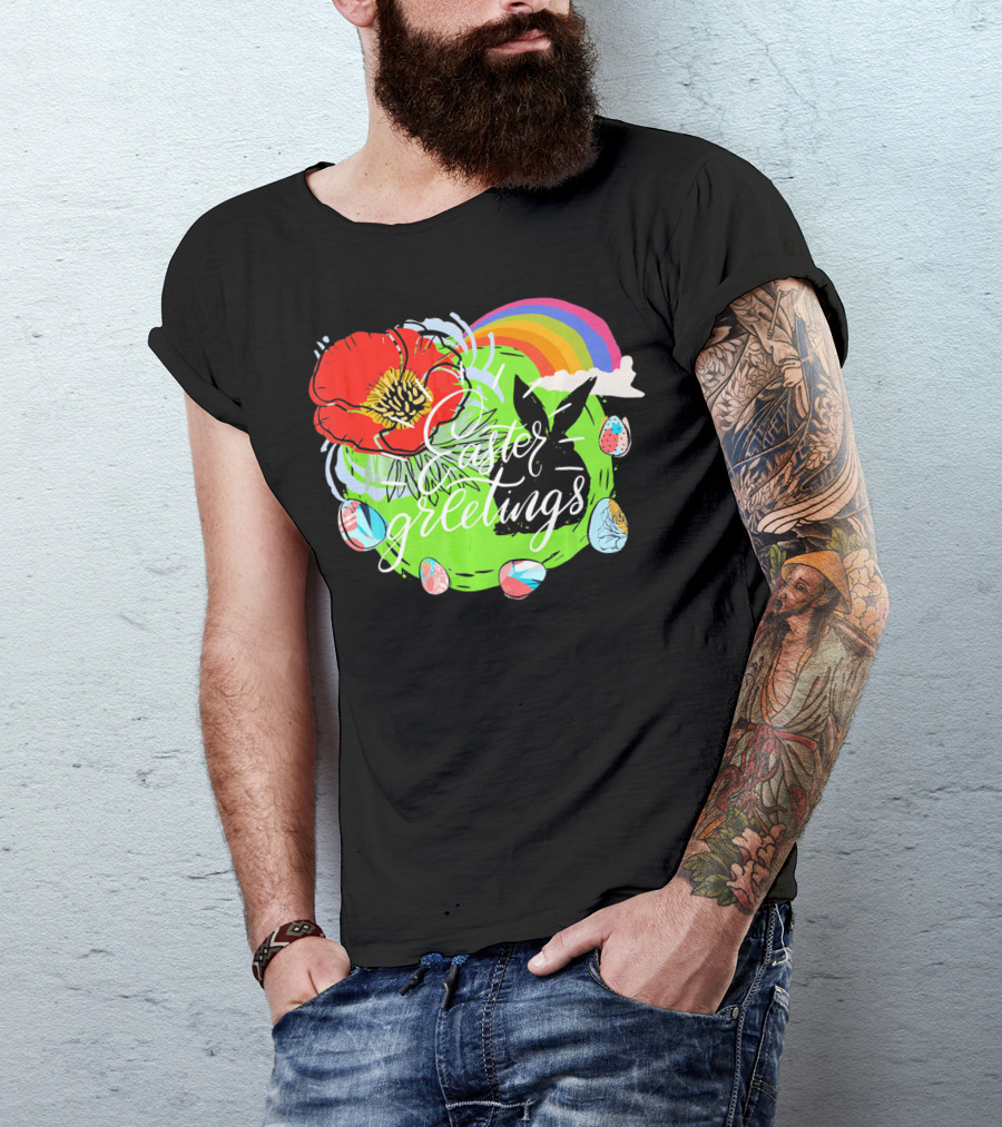 Easter Greetings Rainbow Bunny Eggs Poppy T-Shirt