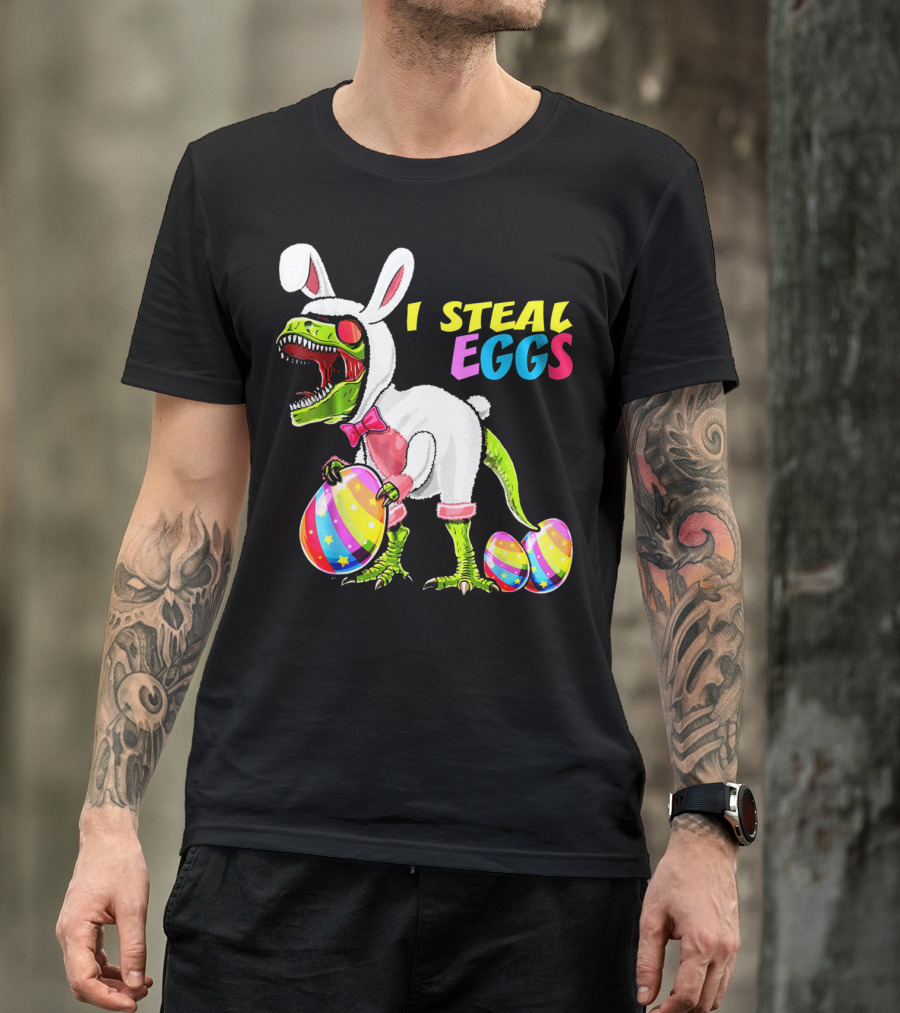 I Steal Easter Eggs Dinosaur Rex Bunny In Costume Holding Colorful Striped Eggs T-Shirt