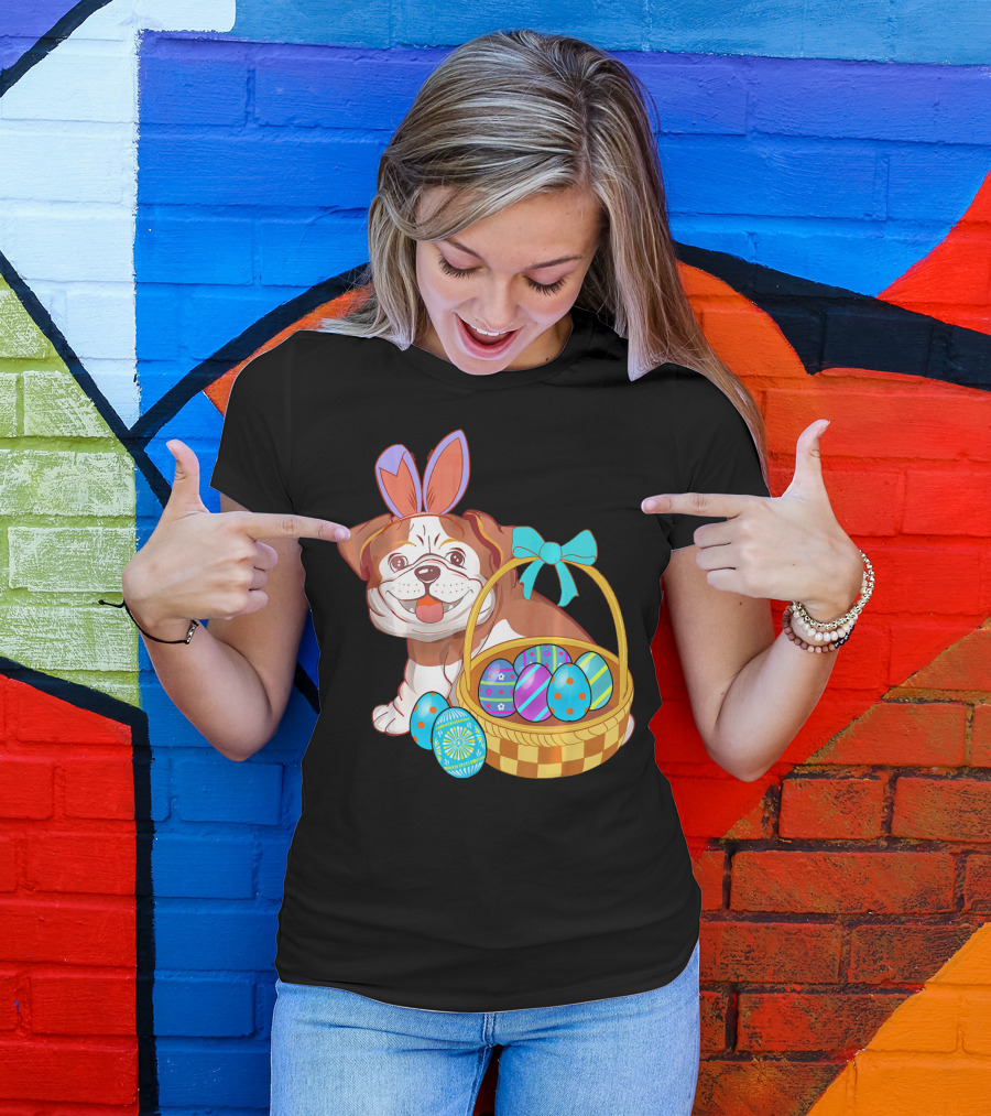 Easter Bulldog Holiday Bunny Ears With Easter Egg Basket T-Shirt