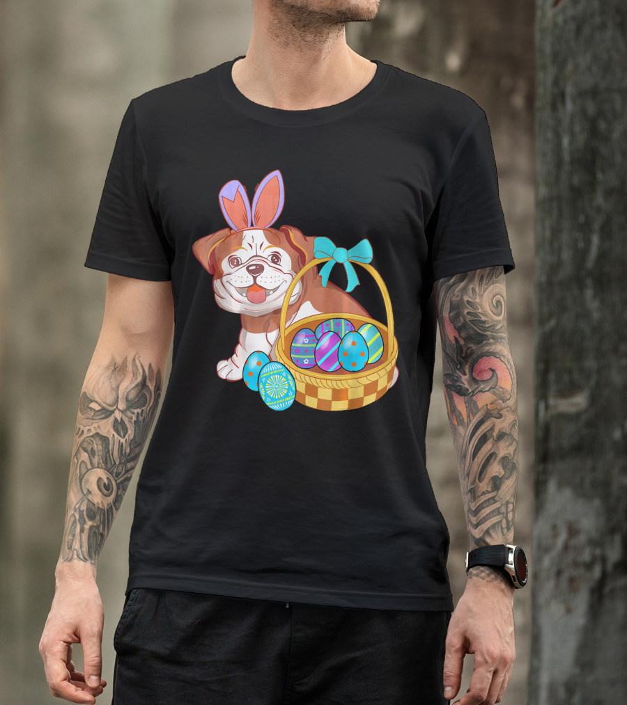 Easter Bulldog Holiday Bunny Ears With Easter Egg Basket T-Shirt