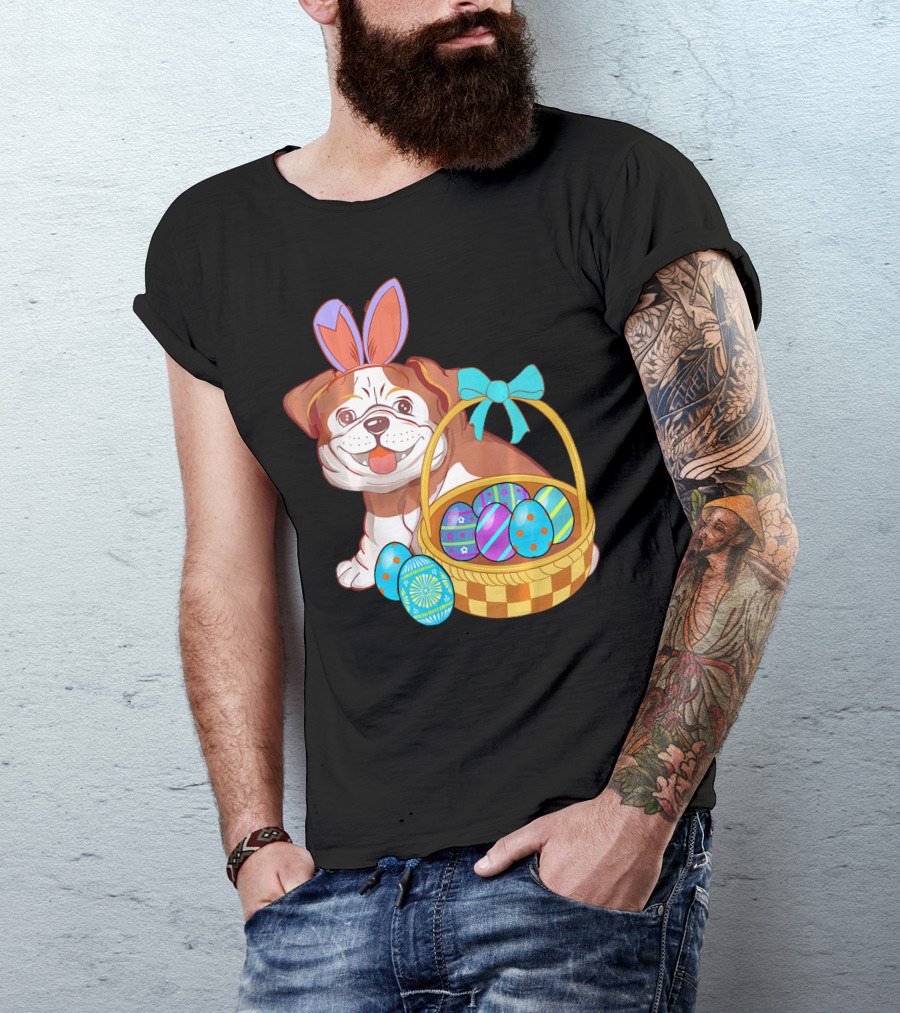 Easter Bulldog Holiday Bunny Ears With Easter Egg Basket T-Shirt