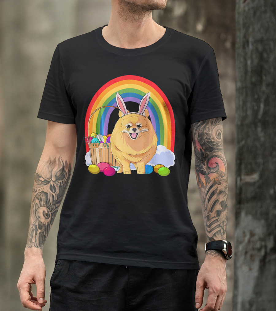 Easter Eggs Pomeranian Bunny Dog Rainbow Basket T-Shirt