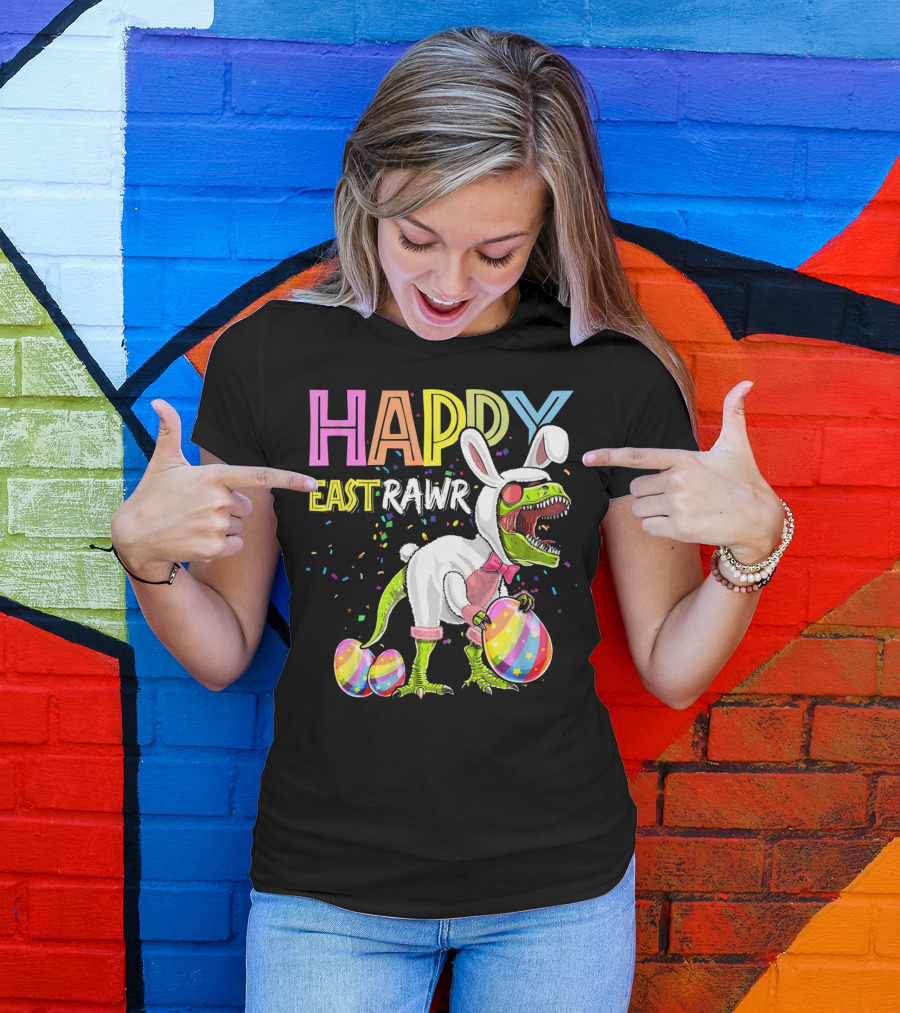HAPPY EASTRAWR DINOSAUR BUNNY WITH EGGS AND CONFETTI T-Shirt