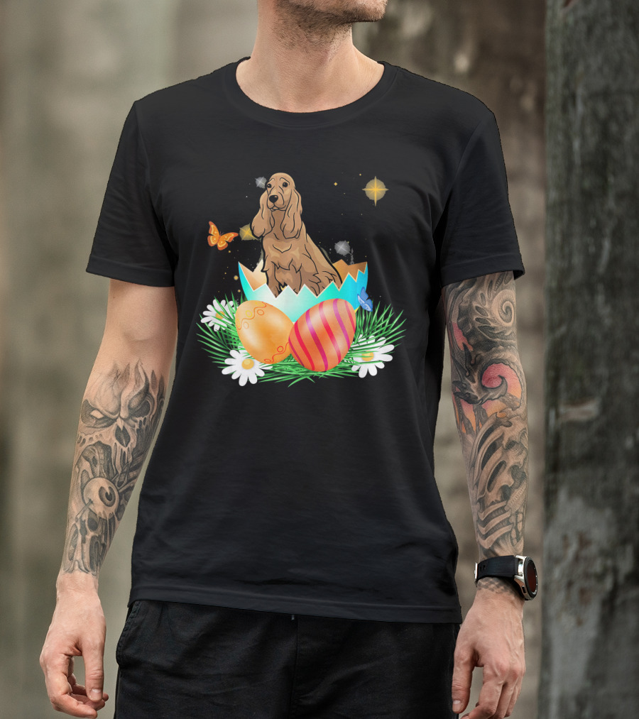 Easter Day Cocker Spaniel In Egg With Butterflies And Daisies T-Shirt