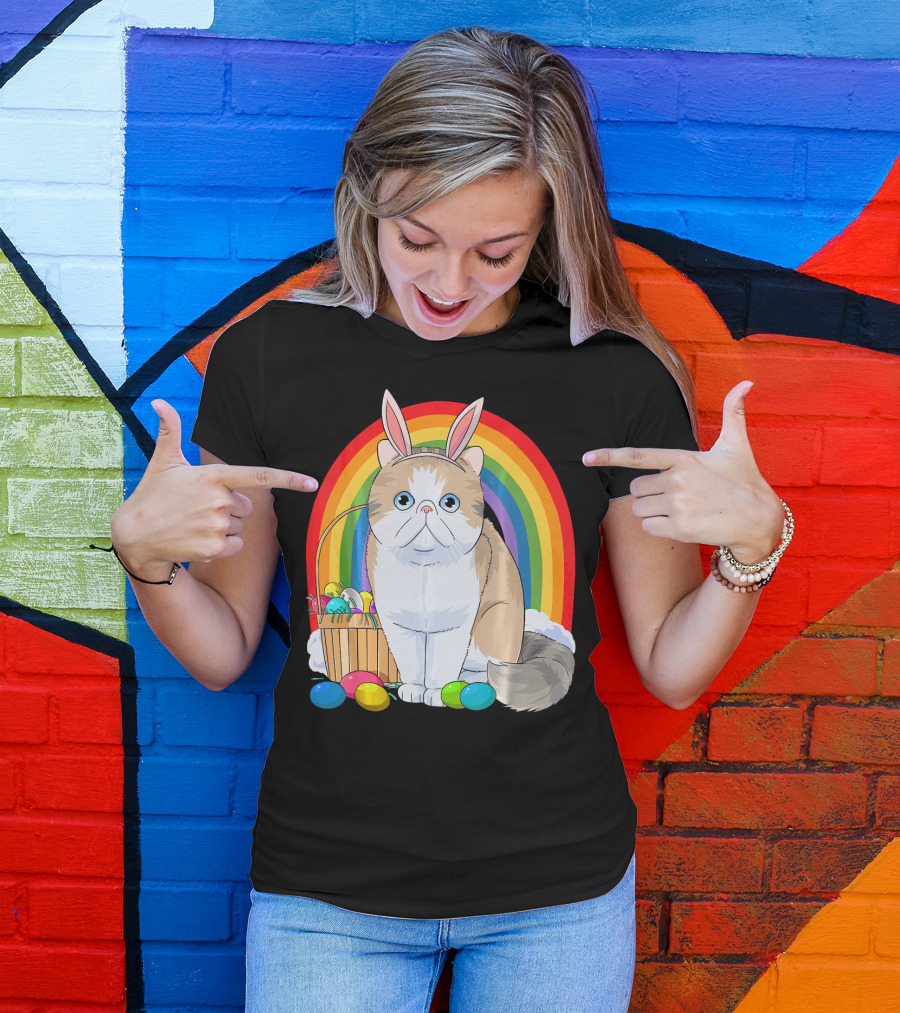 Exotic Shorthair Cat Bunny With Easter Eggs In Front Of Rainbow T-Shirt