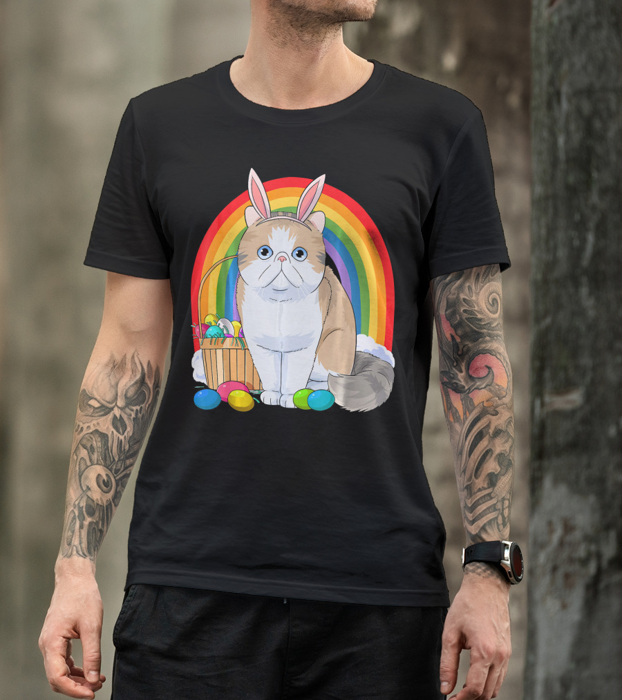 Exotic Shorthair Cat Bunny With Easter Eggs In Front Of Rainbow T-Shirt