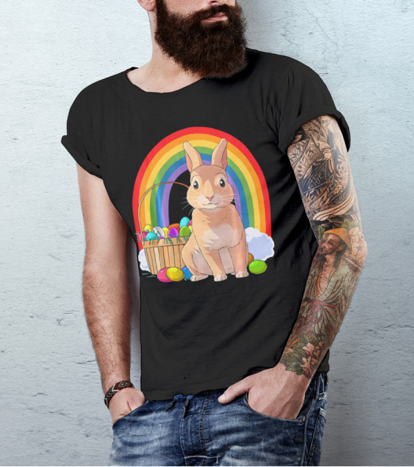 Bunny Rabbit With Easter Eggs And Rainbow For Kids Easter T-Shirt
