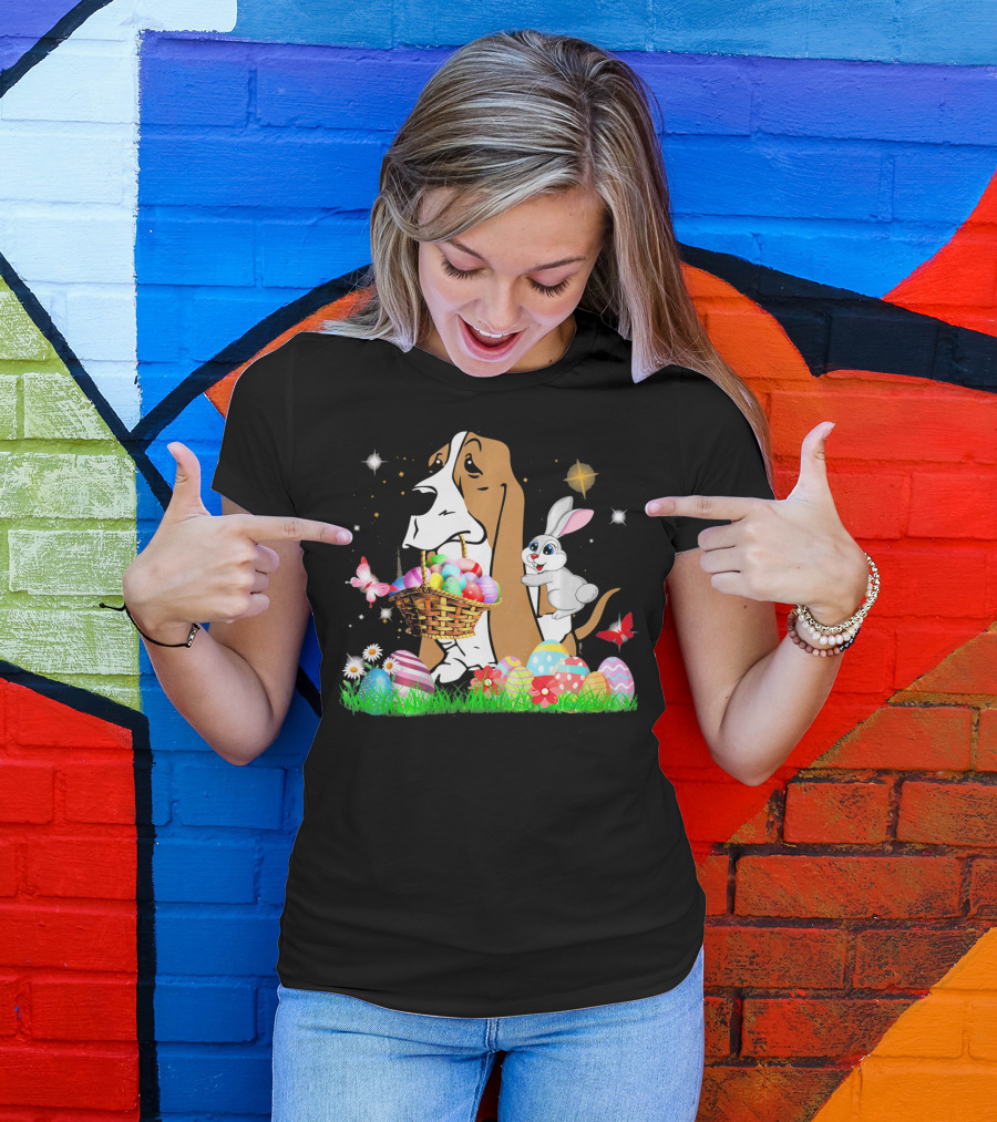 Basset Hound With Easter Eggs Basket And Bunny Surrounded By Colorful Eggs And Flowers T-Shirt