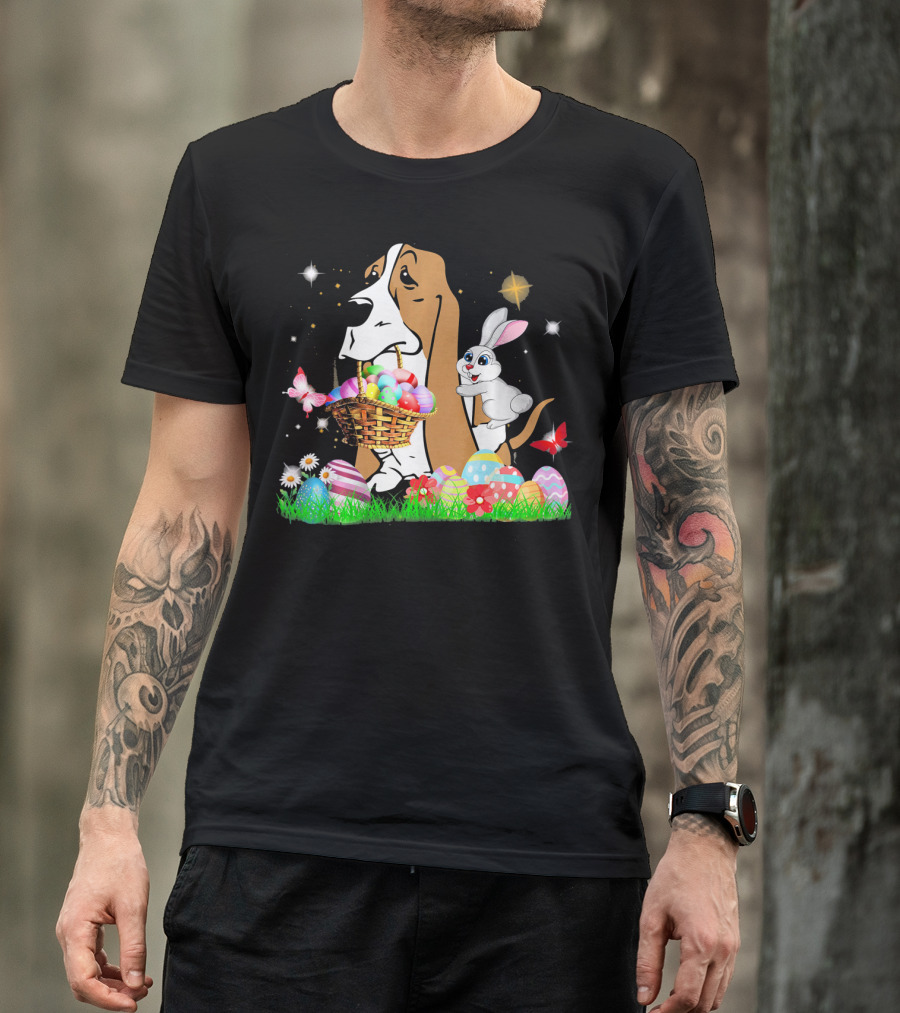 Basset Hound With Easter Eggs Basket And Bunny Surrounded By Colorful Eggs And Flowers T-Shirt