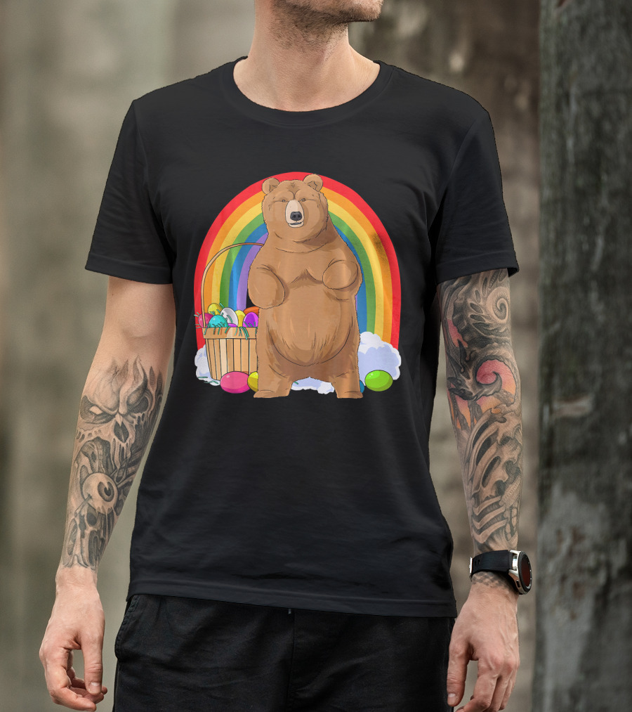 Bear With Easter Egg Basket And Rainbow Background T-Shirt